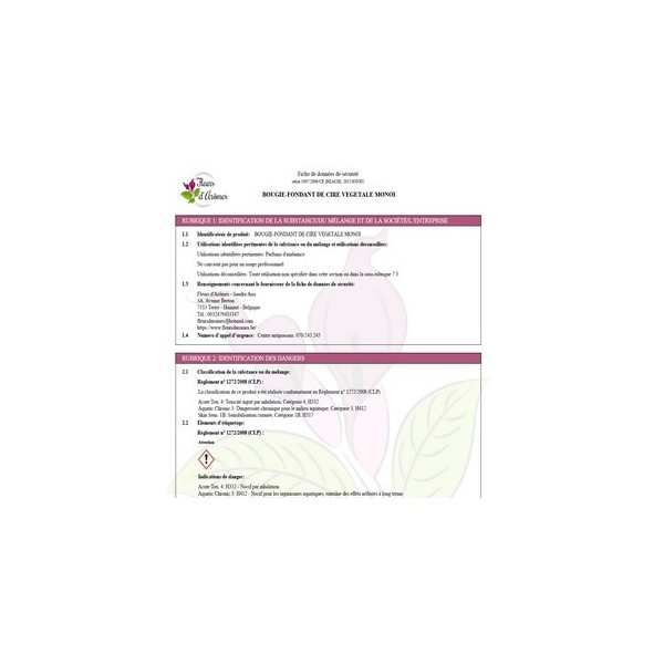 Fiche de données de sécurité pour bougies-fondants